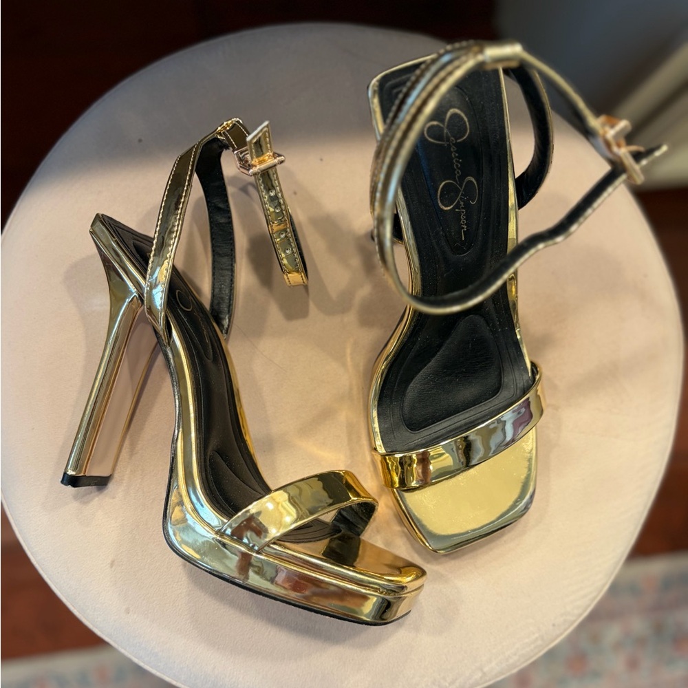 Jessica Simpson Metallic Gold Platform Ankle-Strap Heels